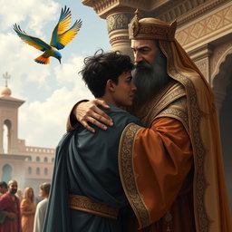A poignant scene featuring a Persian king and queen embracing a 23-year-old young man, who is also in tears