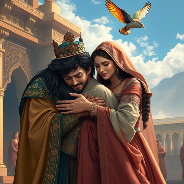 A poignant scene featuring a Persian king and queen embracing a 23-year-old young man, who is also in tears