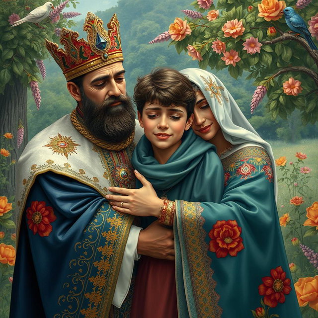 A poignant scene depicting a Persian king and queen, both dressed in ornate traditional attire, embracing a 23-year-old young man with tears in their eyes