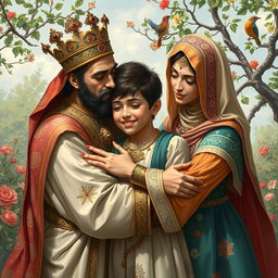 A poignant scene depicting a Persian king and queen, both dressed in ornate traditional attire, embracing a 23-year-old young man with tears in their eyes