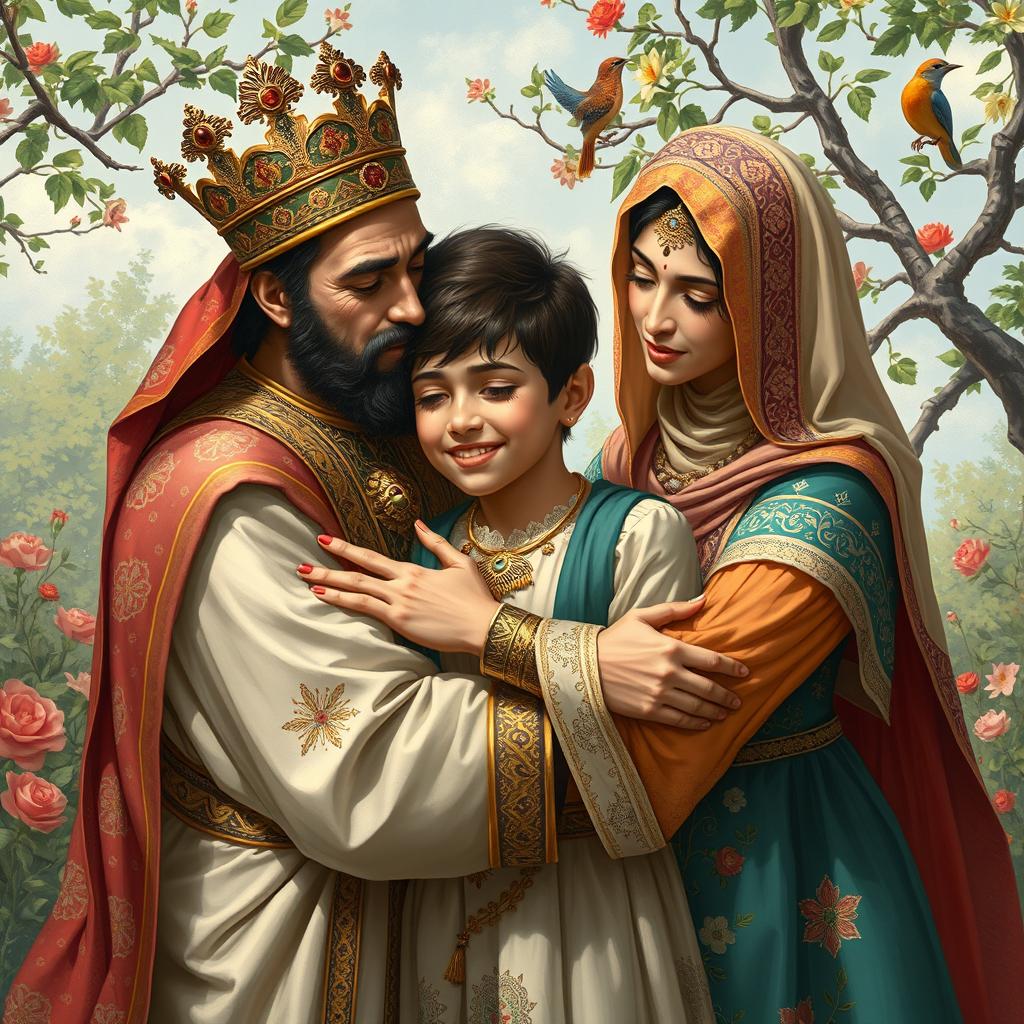 A poignant scene depicting a Persian king and queen, both dressed in ornate traditional attire, embracing a 23-year-old young man with tears in their eyes