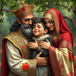A poignant scene depicting a Persian king and queen, both dressed in ornate traditional attire, embracing a 23-year-old young man with tears in their eyes