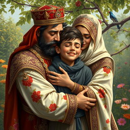 A poignant scene depicting a Persian king and queen, both dressed in ornate traditional attire, embracing a 23-year-old young man with tears in their eyes