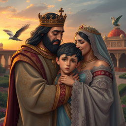 A touching scene of a Persian king and queen embracing a 23-year-old young man, all three in tears, conveying deep emotions of reunion and love