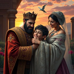 A touching scene of a Persian king and queen embracing a 23-year-old young man, all three in tears, conveying deep emotions of reunion and love