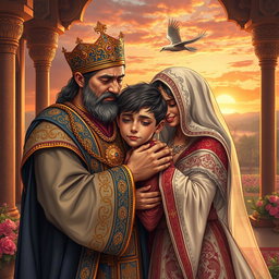 A touching scene of a Persian king and queen embracing a 23-year-old young man, all three in tears, conveying deep emotions of reunion and love