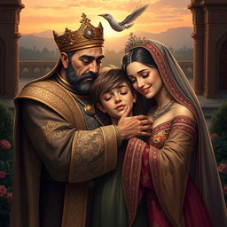 A touching scene of a Persian king and queen embracing a 23-year-old young man, all three in tears, conveying deep emotions of reunion and love