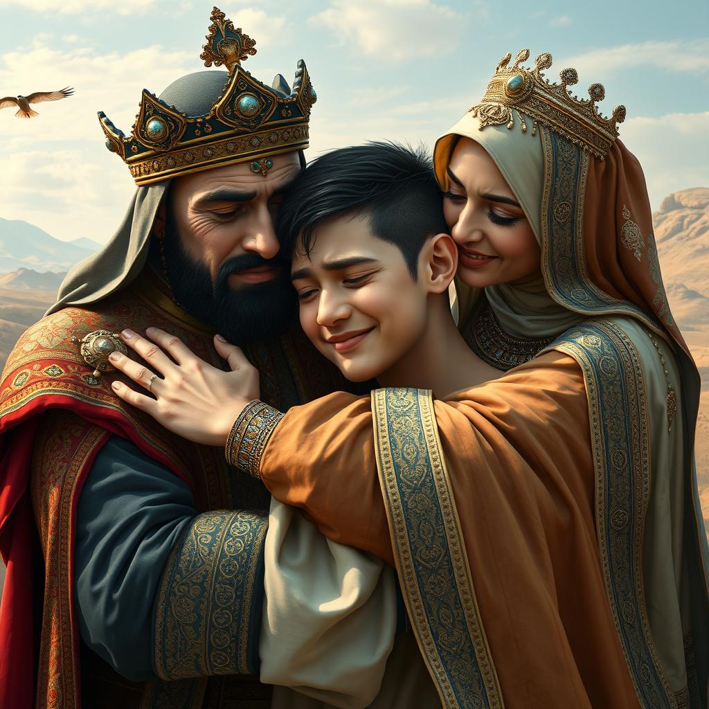 A Persian king and queen embracing a 23-year-old young man, all three of them in a heartfelt reunion, depicting deep emotions with tears streaming down their faces