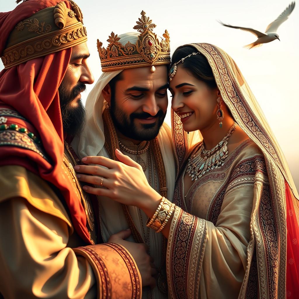 A heartwarming scene featuring a Persian king and queen warmly embracing a 23-year-old young man after a long separation, all in an emotional moment filled with tears