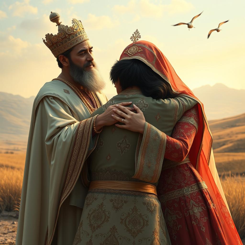 A poignant scene capturing the emotion of a Persian king and queen embracing a 23-year-old young man after a long separation