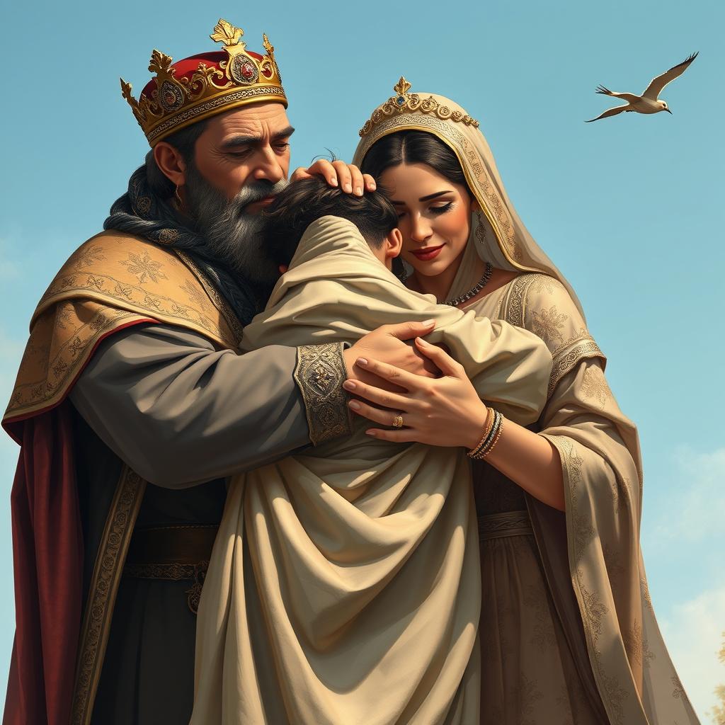 A poignant scene depicting a Persian king and queen embracing a 23-year-old young man after a long time apart