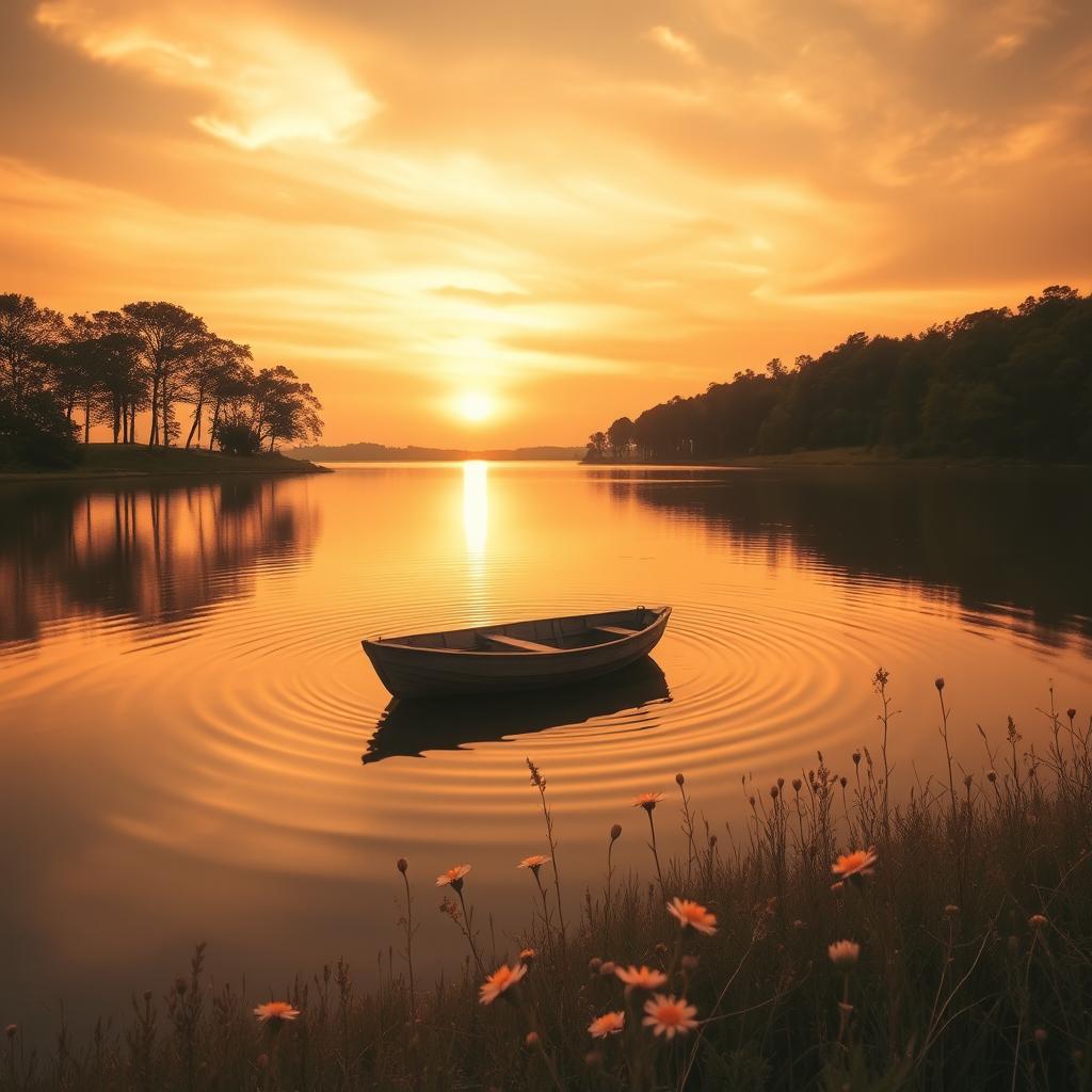 A serene sunset landscape featuring a tranquil lake reflecting the colors of the sky, with trees lining the shore