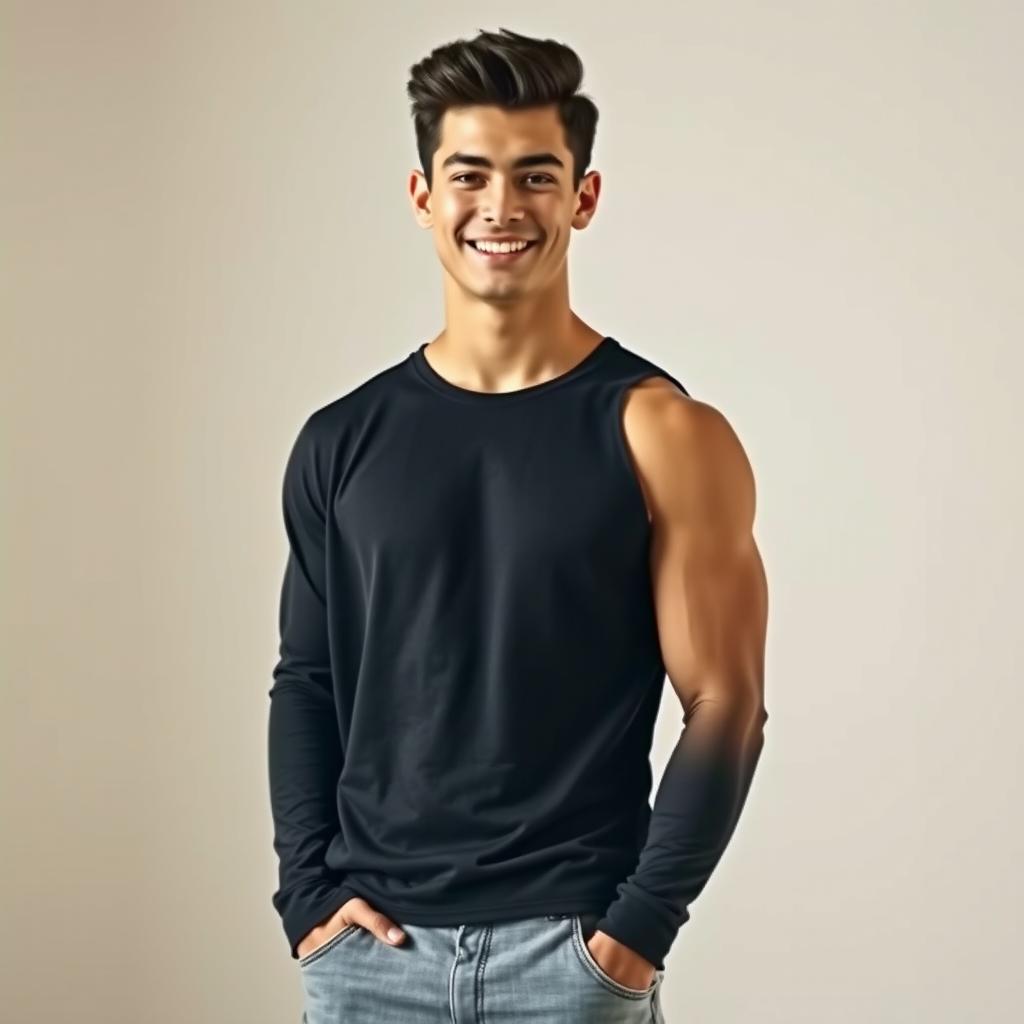A realistic portrait of a tall and well-built 19-year-old man, standing proudly at 182 cm (approximately 6 feet)