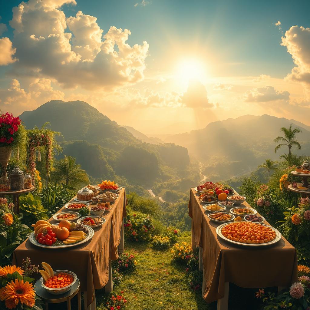 A breathtaking view of a paradise setting, featuring wide tables adorned with an abundance of delectable food dishes, showcasing fruits, desserts, and savory meals