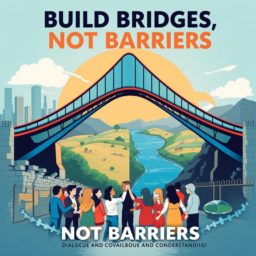 A vibrant and thought-provoking poster design featuring the theme "Build Bridges, Not Barriers
