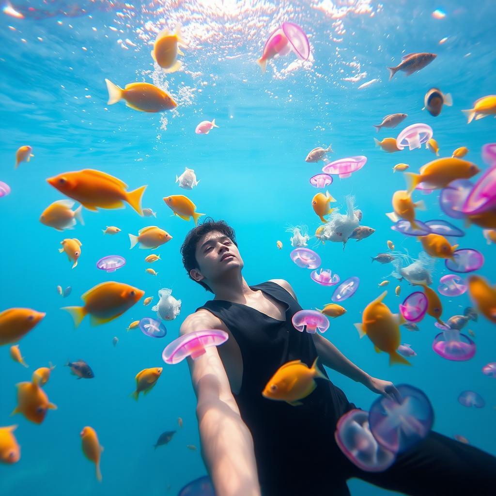 An underwater scene featuring a person submerged in the sea, surrounded by vibrant marine life
