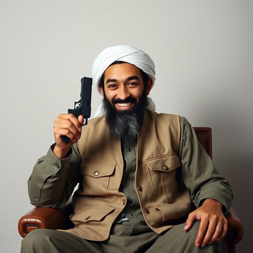 An artistic representation of Osama bin Laden, dressed in his traditional attire, sitting confidently