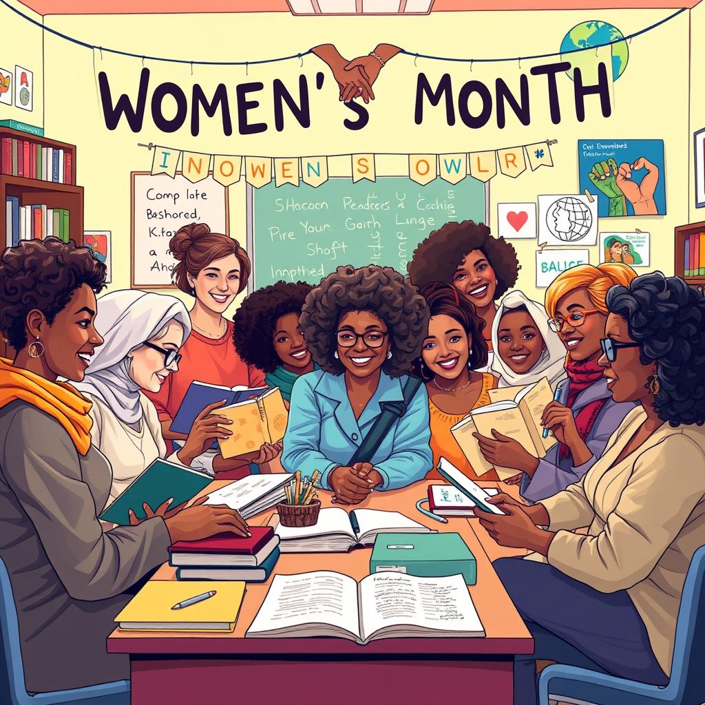A vibrant scene celebrating Women's Month, featuring a diverse group of powerful women of different ages and ethnicities coming together in a warm, uplifting environment