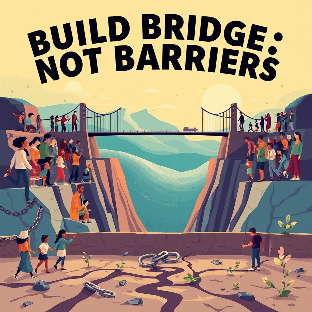 A powerful and inspiring poster design with the theme "Build Bridges, Not Barriers"