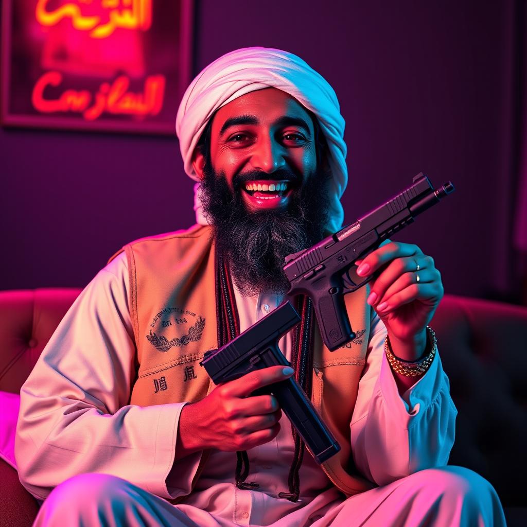 A music cover featuring Osama Bin Laden, dressed in his traditional clothing with a military-style beige vest