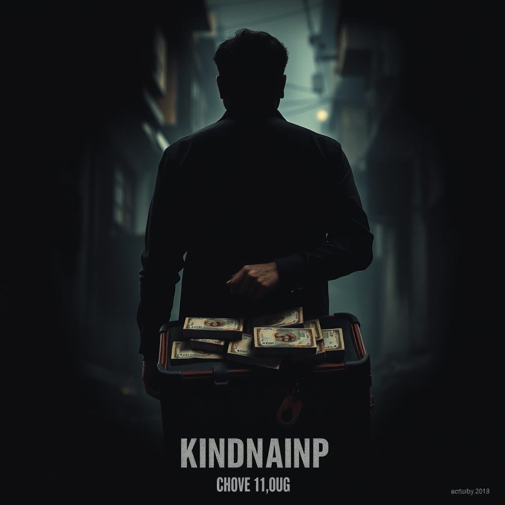 A dark and intense action film poster featuring a silhouette of a man seen from the back, gripping a piece of luggage filled with bundles of Nepali currency