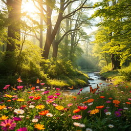 A serene, enchanting forest scene bathed in soft, golden sunlight filtering through lush green leaves