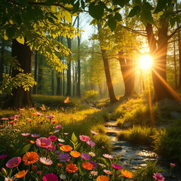 A serene, enchanting forest scene bathed in soft, golden sunlight filtering through lush green leaves