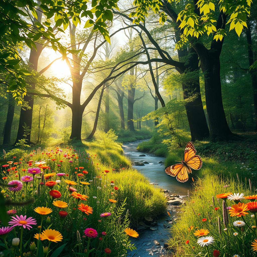A serene, enchanting forest scene bathed in soft, golden sunlight filtering through lush green leaves