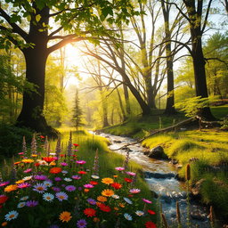 A serene, enchanting forest scene bathed in soft, golden sunlight filtering through lush green leaves