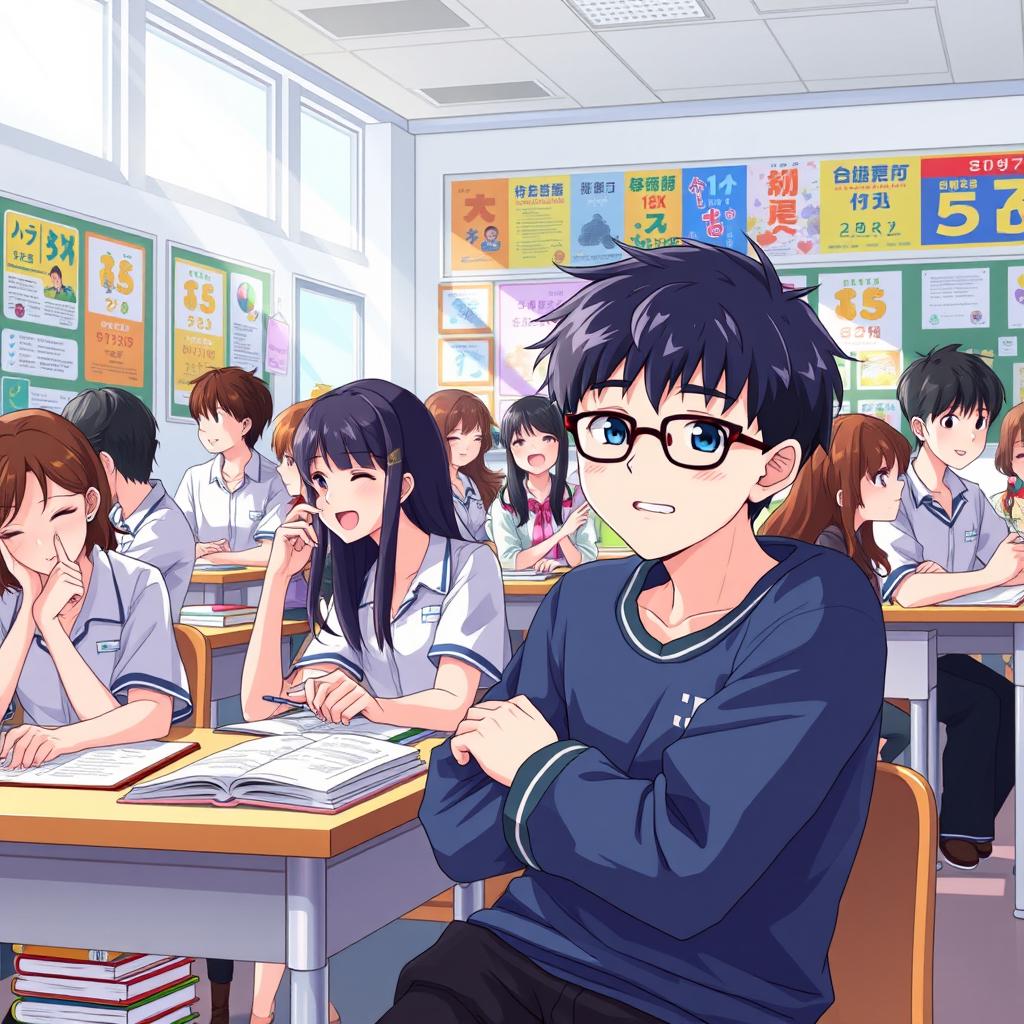 A vibrant anime-style illustration set in a bustling school environment, showcasing students engaged in various activities such as studying, chatting, and participating in club meetings