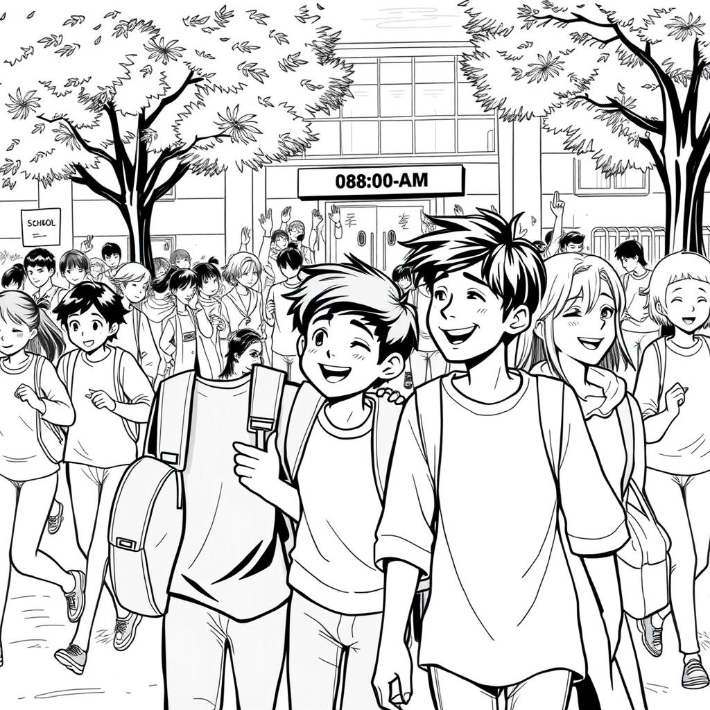 A black and white illustration depicting a busy school atmosphere filled with students