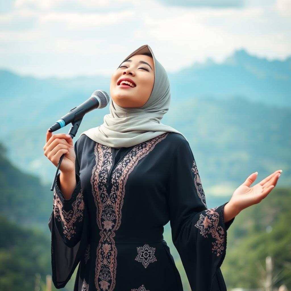 A beautiful Indonesian Muslim woman passionately singing a sholawat, fully immersed in her emotions
