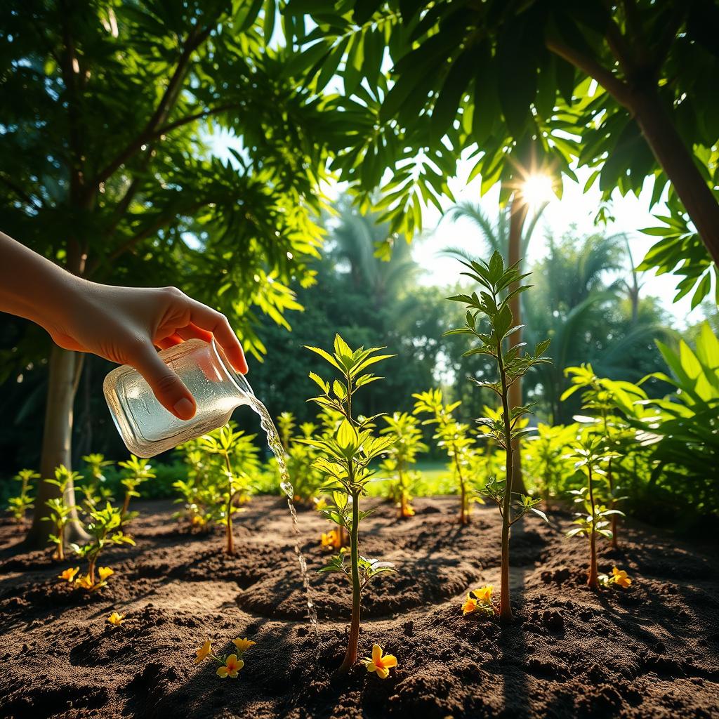 A serene paradise scene featuring a hand in the corner of the image gently watering tree seedlings
