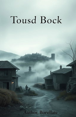 A book cover design featuring a solitary rustic town nestled on a fog-covered hill in a desolate setting
