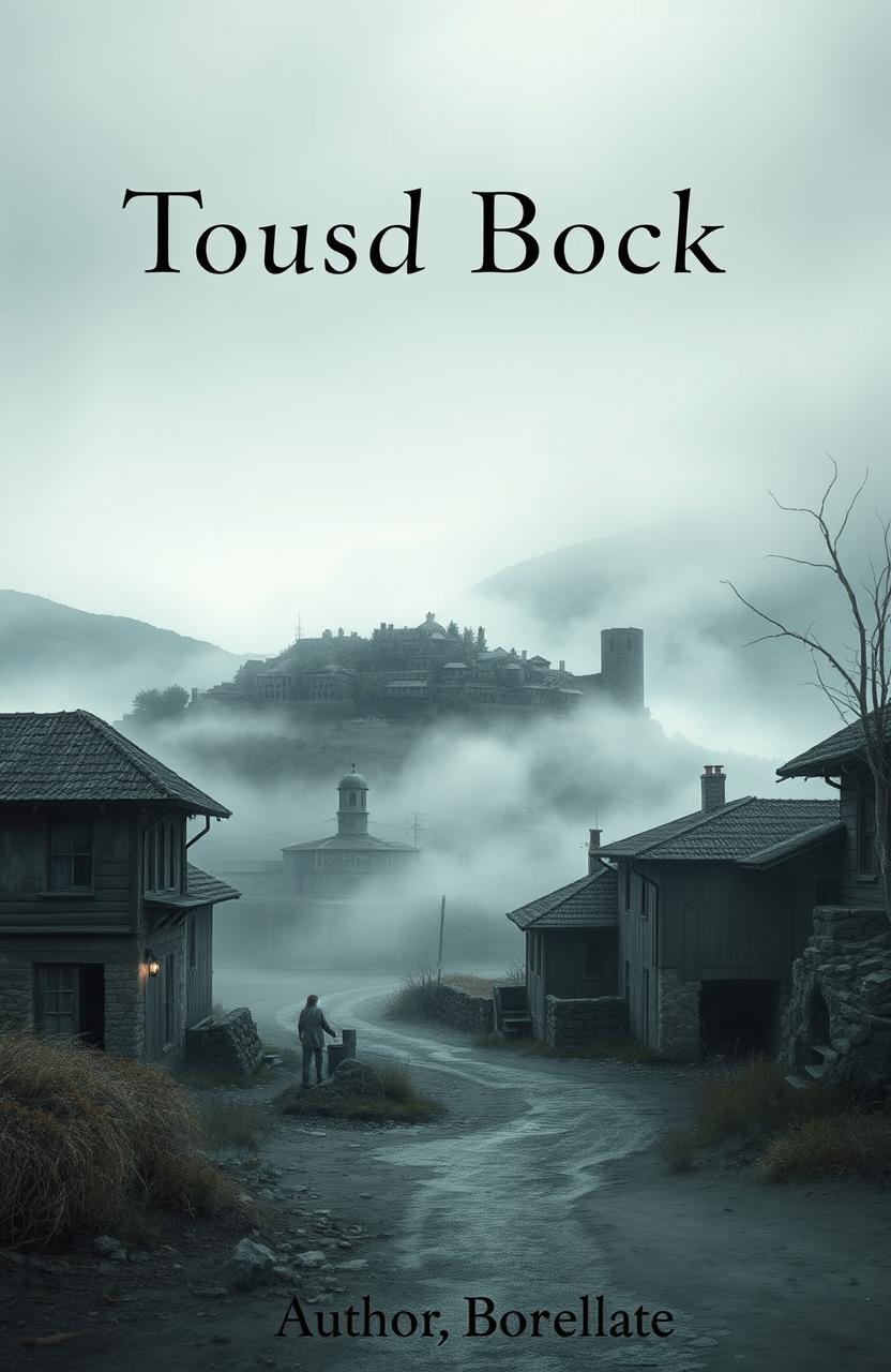 A book cover design featuring a solitary rustic town nestled on a fog-covered hill in a desolate setting