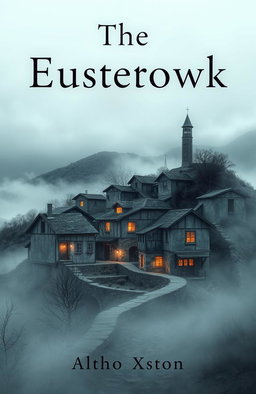 A book cover design featuring a solitary rustic town nestled on a fog-covered hill in a desolate setting