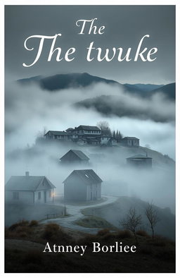 A book cover design featuring a solitary rustic town nestled on a fog-covered hill in a desolate setting