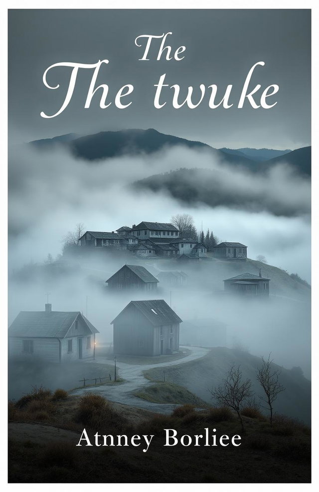 A book cover design featuring a solitary rustic town nestled on a fog-covered hill in a desolate setting