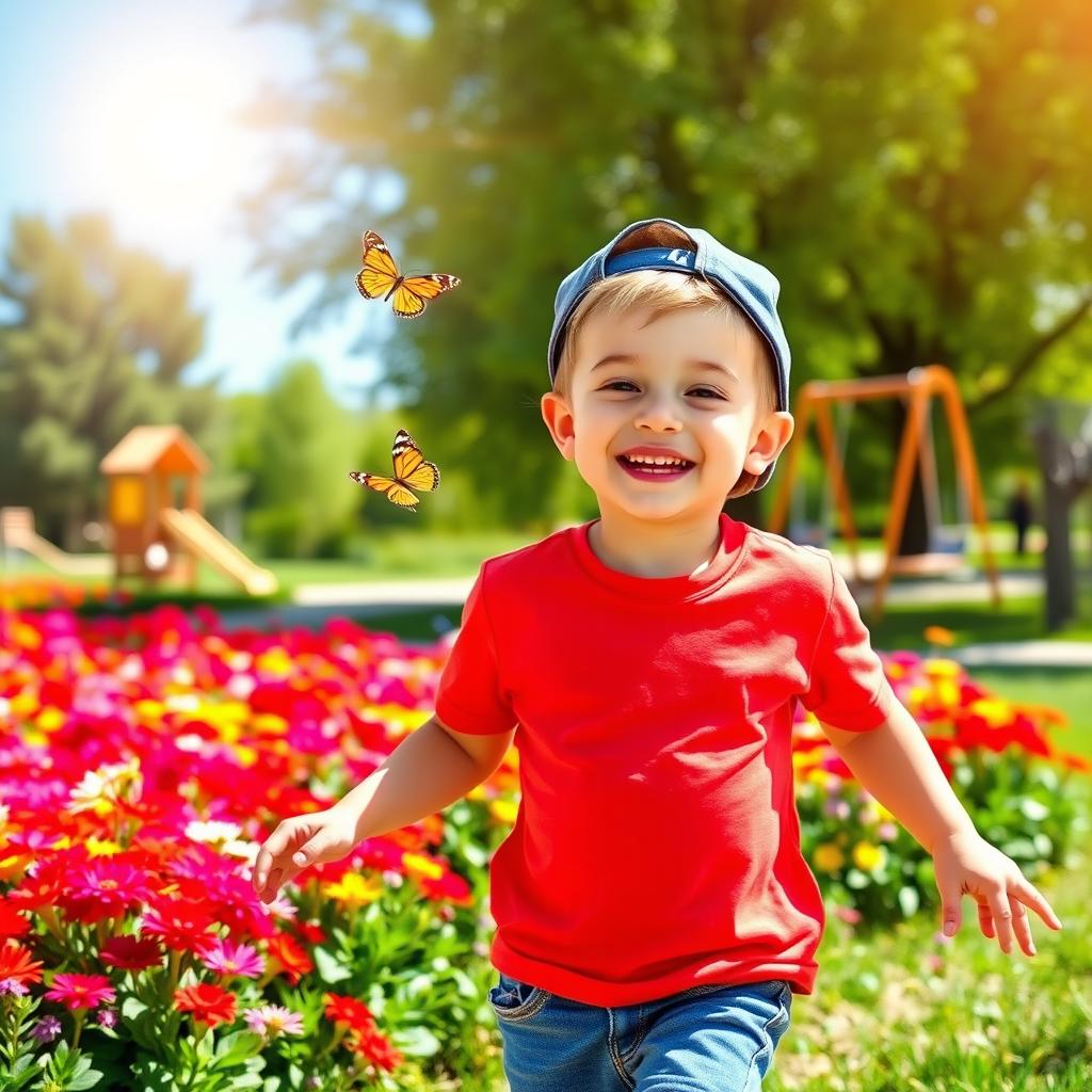 A young boy with a joyful expression, playing in a vibrant park filled with colorful flowers and green trees