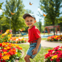 A young boy with a joyful expression, playing in a vibrant park filled with colorful flowers and green trees