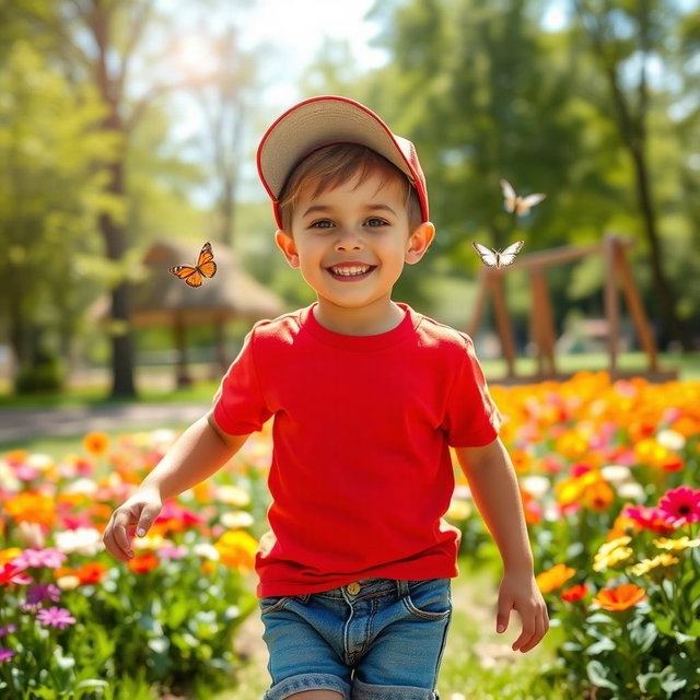 A young boy with a joyful expression, playing in a vibrant park filled with colorful flowers and green trees