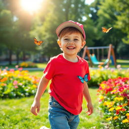 A young boy with a joyful expression, playing in a vibrant park filled with colorful flowers and green trees