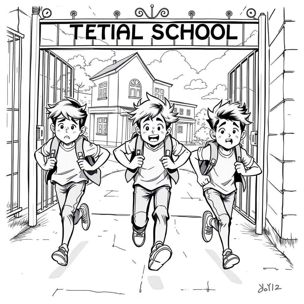 Three teenage boys running through a school gate, depicting a sense of urgency as they arrive late
