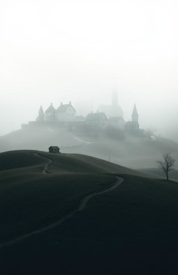 A book cover design featuring a solitary, quaint town nestled on a foggy hill in a desolate and atmospheric landscape
