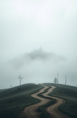 A book cover design featuring a solitary, quaint town nestled on a foggy hill in a desolate and atmospheric landscape