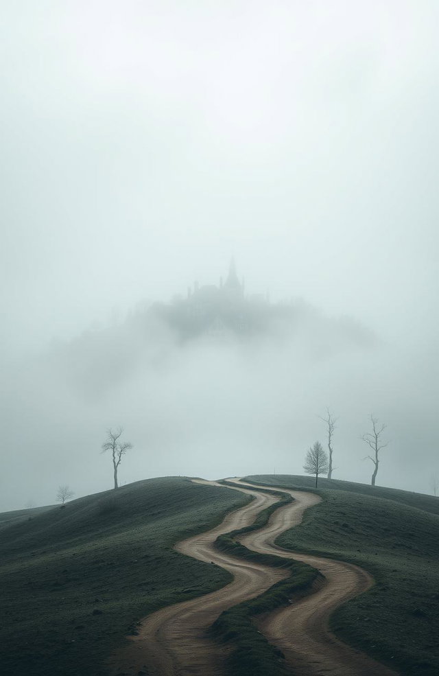 A book cover design featuring a solitary, quaint town nestled on a foggy hill in a desolate and atmospheric landscape