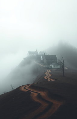 A book cover design featuring a solitary, quaint town nestled on a foggy hill in a desolate and atmospheric landscape