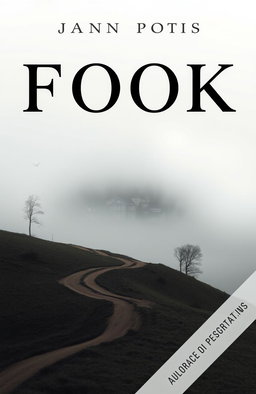 A book cover design featuring a solitary, quaint town nestled on a foggy hill in a desolate and atmospheric landscape