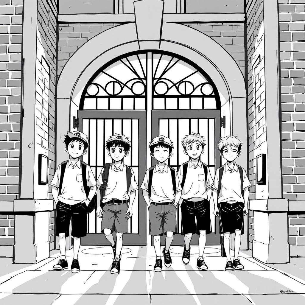Four boys entering a high school gate, captured in a striking black and white illustration that emphasizes the contrast of their uniforms and the structure of the school entrance