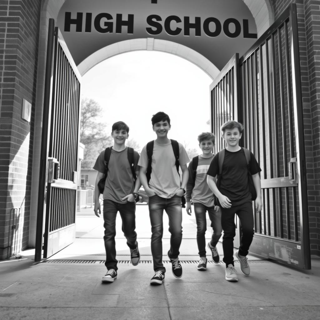 Four boys entering a high school gate, depicted in black and white, capturing a sense of camaraderie and youthful energy